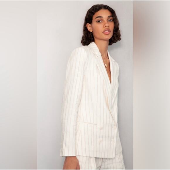 Paige Blazer Womens XS Cream Rosette Metallic Striped Linen Double Breasted - Picture 1 of 10